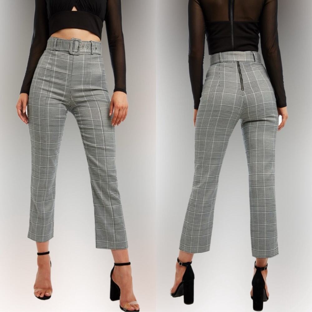 Bardot Belted Plaid Trouser Pants Size 10 Gray Academia Preppy Career Classic